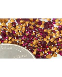 Swarovski 1012 Chaton, Round Rhinestones 15pp Ruby Pointed Back Gold Foiled - 12 Pcs