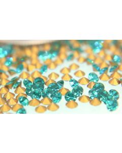 Swarovski 1100 Chaton, Round Rhinestones 15pp Blue Zircon Pointed Back Gold Foiled - 12 Pcs