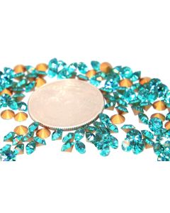Swarovski 1012 Chaton, Round Rhinestones 19ss Blue Zircon Pointed Back Gold Foiled - 6 Pcs