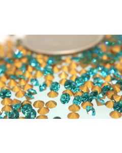 Swarovski 1100 Chaton, Round Rhinestones 21pp Blue Zircon Pointed Back Gold Foiled - 12 Pcs