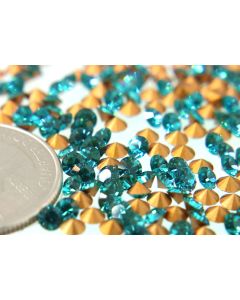 Swarovski 1012 Chaton, Round Rhinestones 26pp Blue Zircon Pointed Back Gold Foiled - 8 Pcs