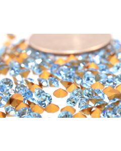 Swarovski 1100 Chaton, Round Rhinestones 28pp Aqua Pointed Back Gold Foiled - 8 Pcs