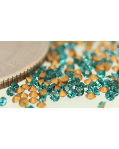 Swarovski 1100 Chaton, Round Rhinestones 05pp Blue Zircon Pointed Back Gold Foiled - 12 Pcs